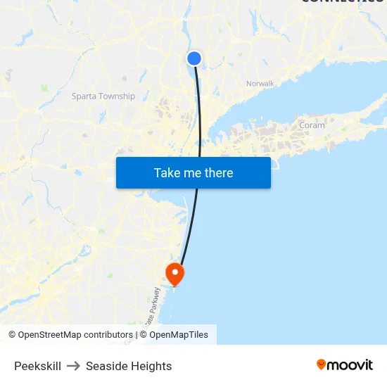 Peekskill to Seaside Heights map