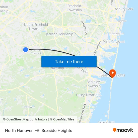 North Hanover to Seaside Heights map
