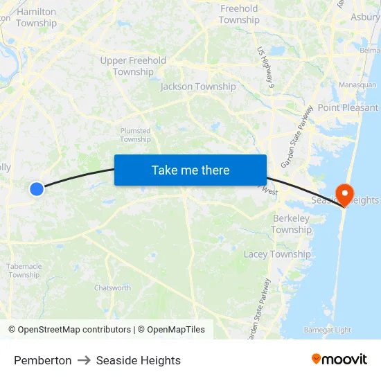 Pemberton to Seaside Heights map