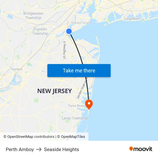 Perth Amboy to Seaside Heights map