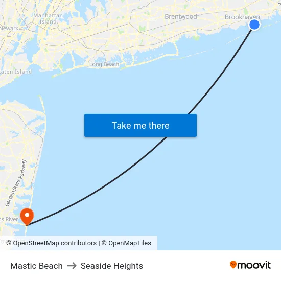 Mastic Beach to Seaside Heights map