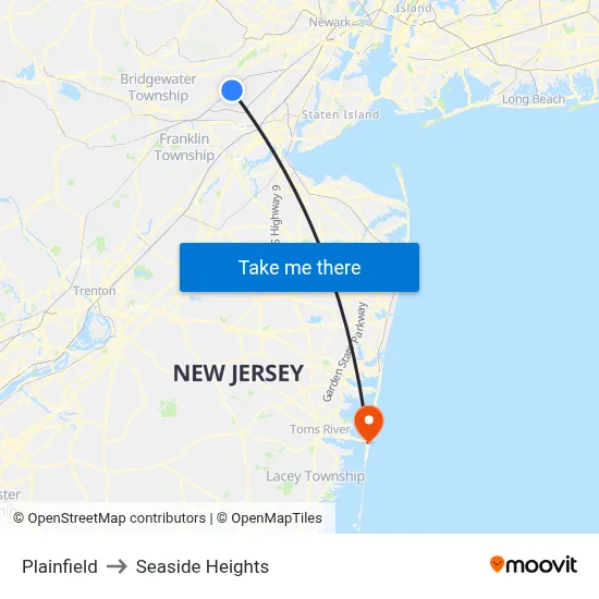 Plainfield to Seaside Heights map