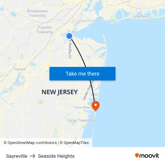Sayreville to Seaside Heights map