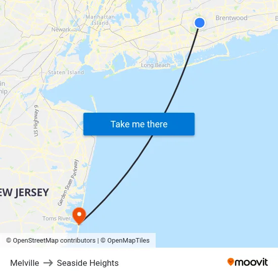 Melville to Seaside Heights map