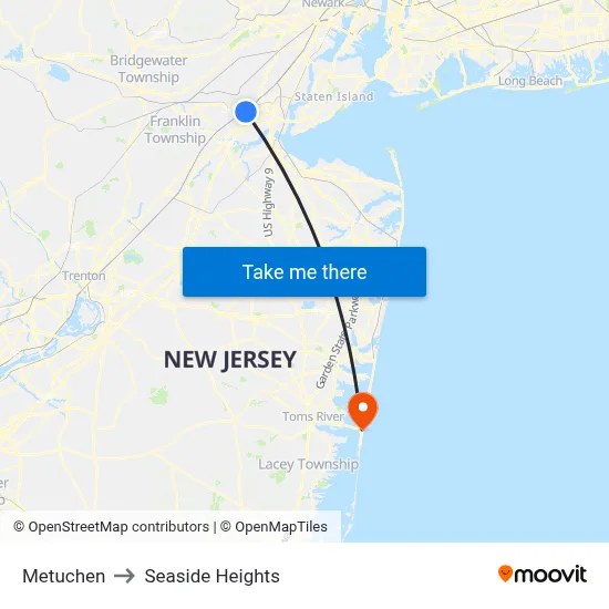 Metuchen to Seaside Heights map