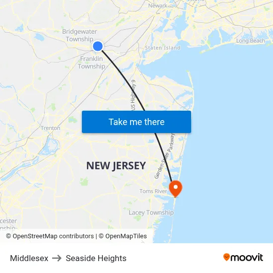 Middlesex to Seaside Heights map