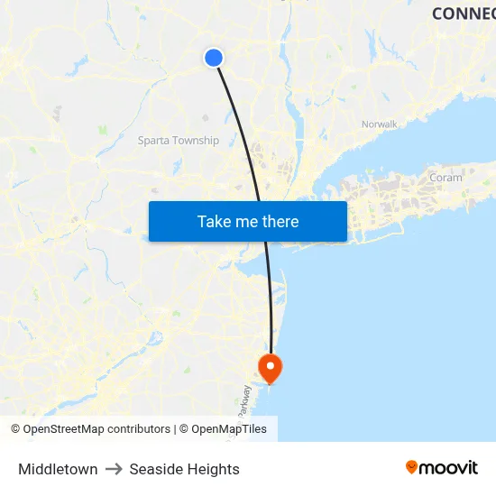 Middletown to Seaside Heights map