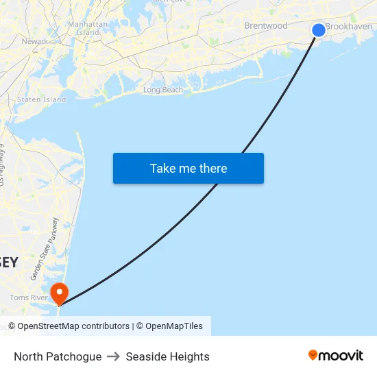 North Patchogue to Seaside Heights map