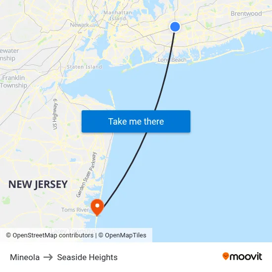 Mineola to Seaside Heights map