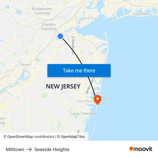 Milltown to Seaside Heights map