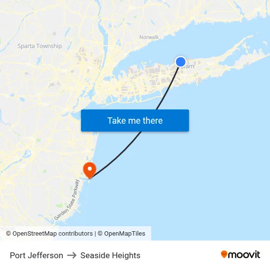 Port Jefferson to Seaside Heights map