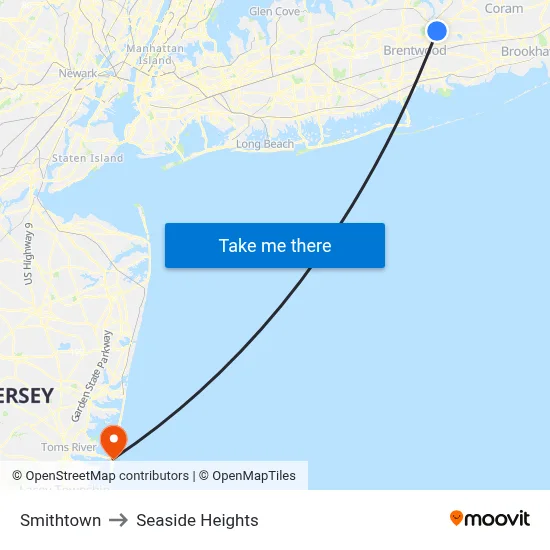 Smithtown to Seaside Heights map