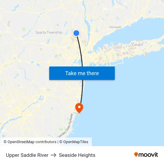 Upper Saddle River to Seaside Heights map