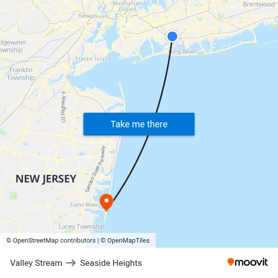 Valley Stream to Seaside Heights map