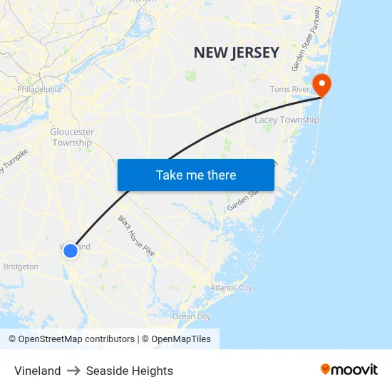 Vineland to Seaside Heights map