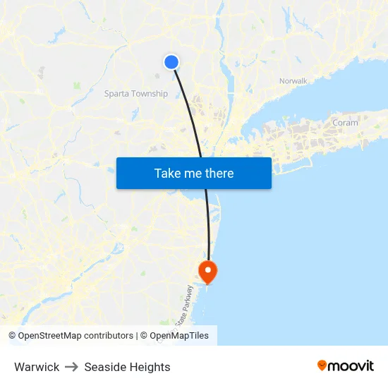 Warwick to Seaside Heights map