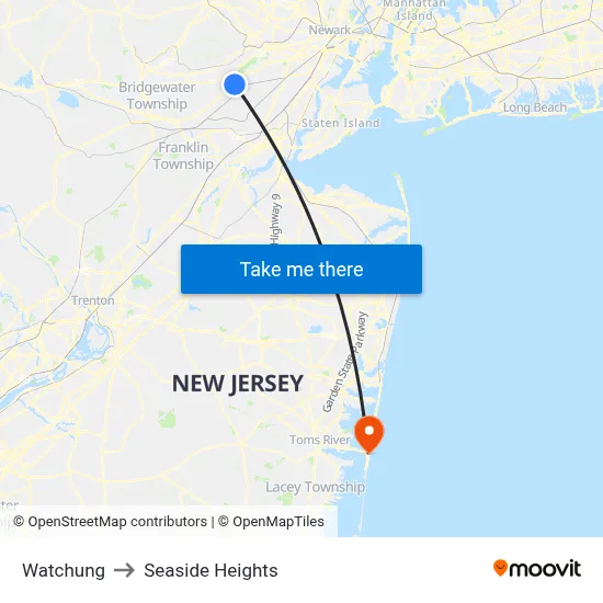 Watchung to Seaside Heights map