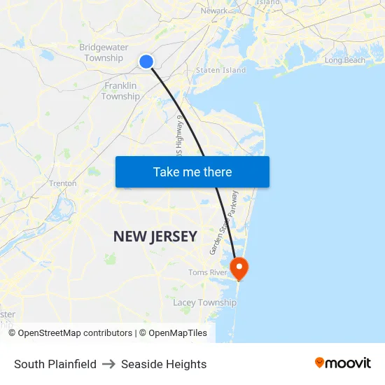 South Plainfield to Seaside Heights map