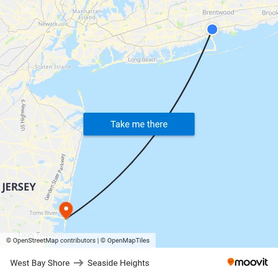 West Bay Shore to Seaside Heights map