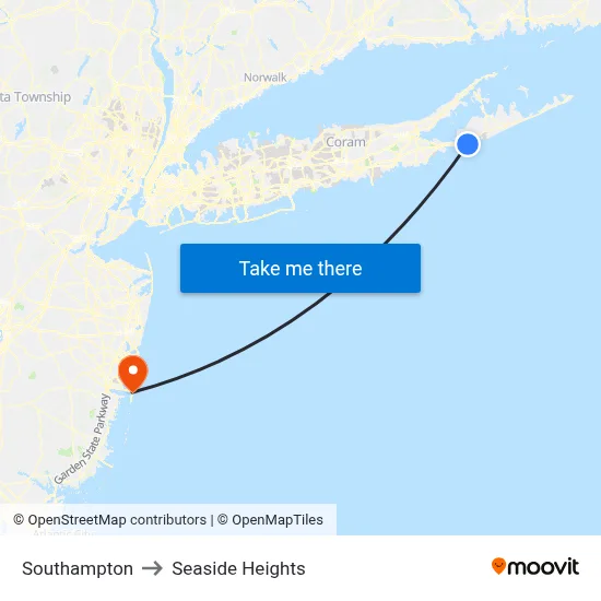 Southampton to Seaside Heights map