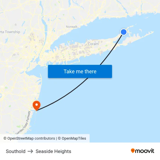 Southold to Seaside Heights map