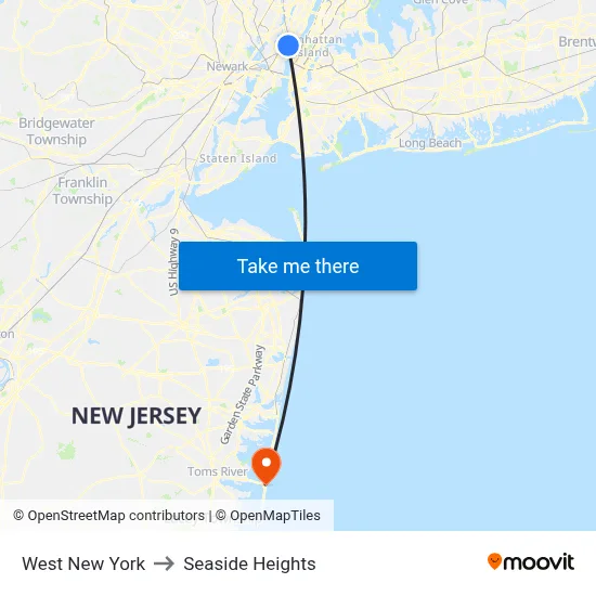 West New York to Seaside Heights map