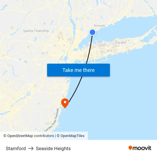 Stamford to Seaside Heights map