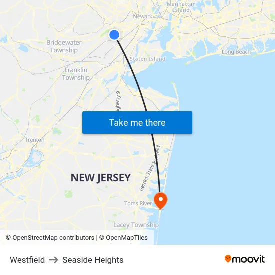 Westfield to Seaside Heights map