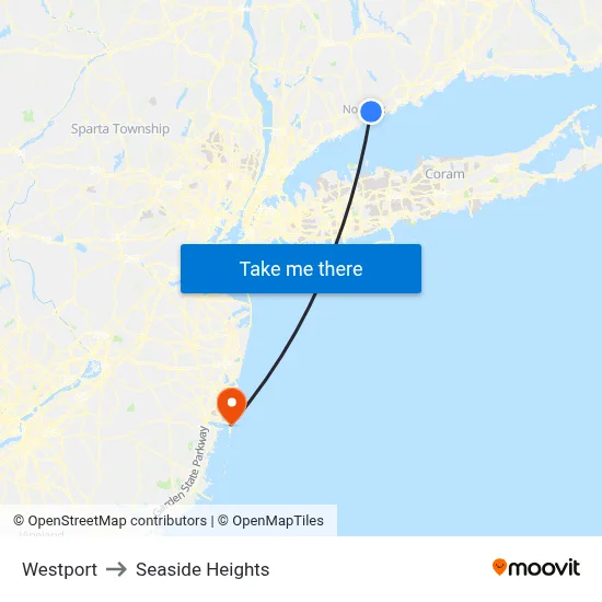 Westport to Seaside Heights map