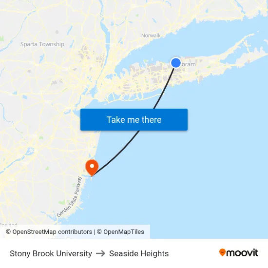 Stony Brook University to Seaside Heights map