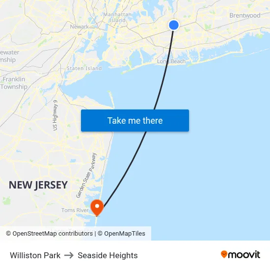 Williston Park to Seaside Heights map