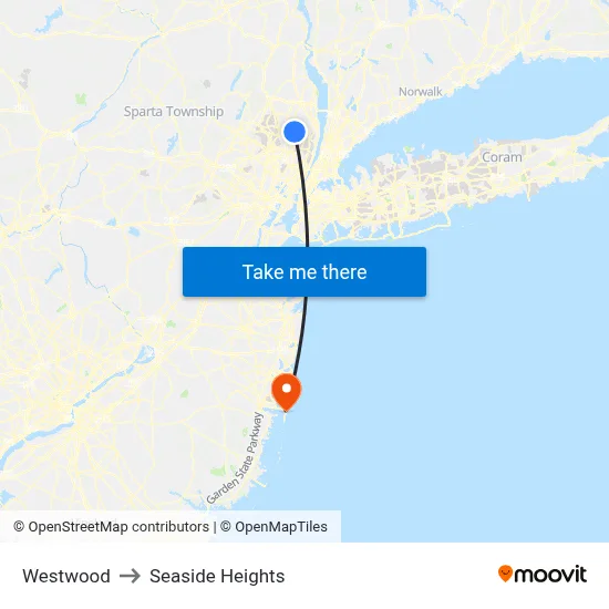Westwood to Seaside Heights map