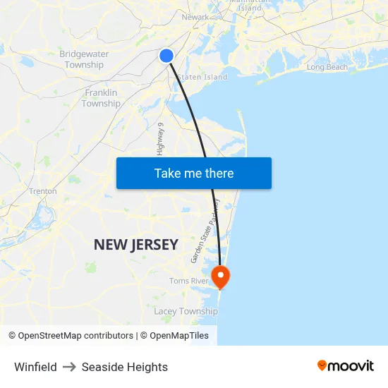 Winfield to Seaside Heights map