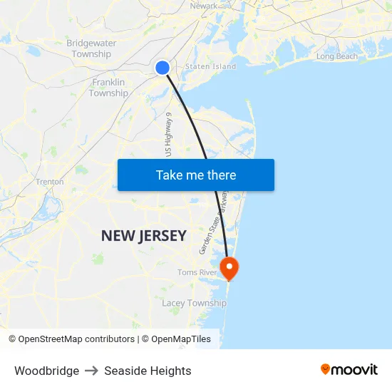 Woodbridge to Seaside Heights map