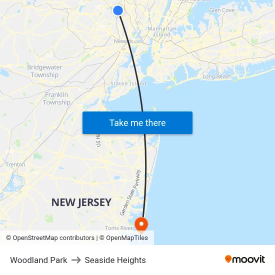 Woodland Park to Seaside Heights map