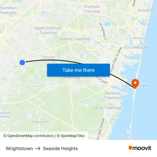 Wrightstown to Seaside Heights map