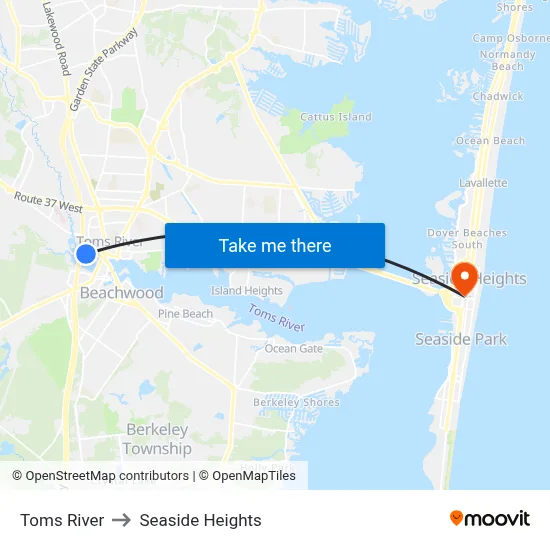 Toms River to Seaside Heights map