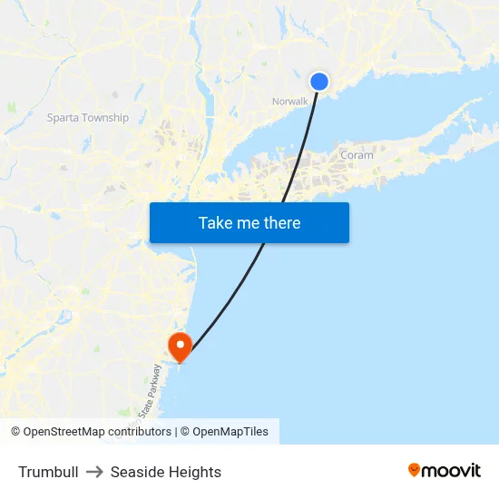Trumbull to Seaside Heights map