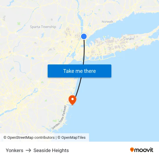 Yonkers to Seaside Heights map