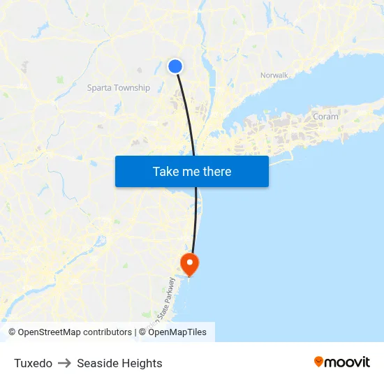 Tuxedo to Seaside Heights map