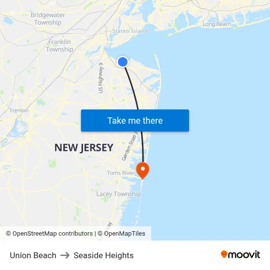 Union Beach to Seaside Heights map