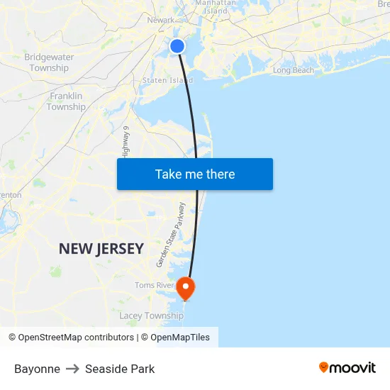 Bayonne to Seaside Park map