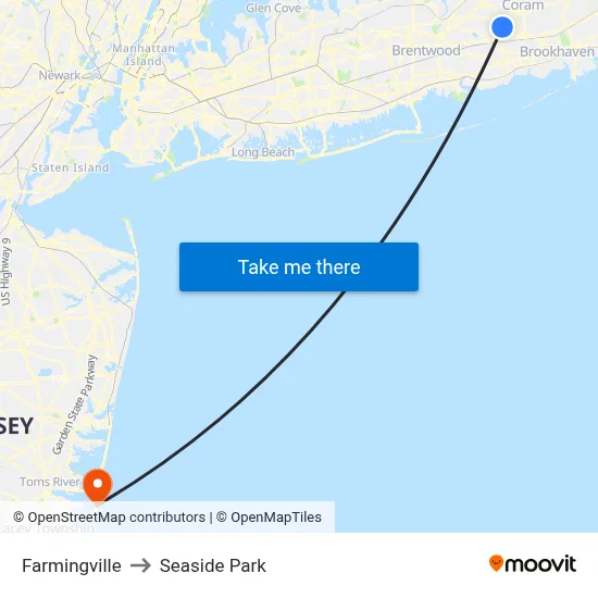Farmingville to Seaside Park map