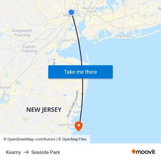 Kearny to Seaside Park map