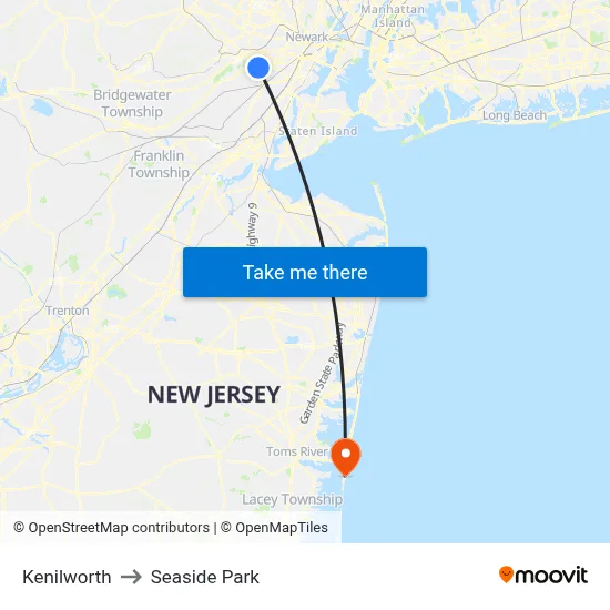 Kenilworth to Seaside Park map