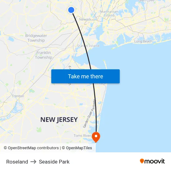 Roseland to Seaside Park map