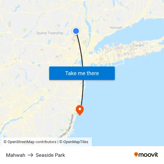 Mahwah to Seaside Park map
