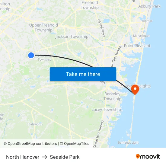 North Hanover to Seaside Park map