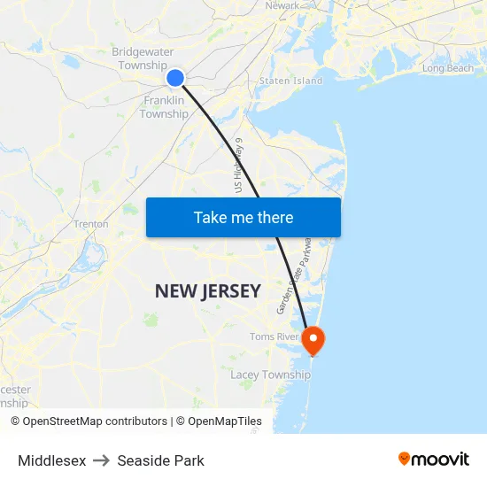 Middlesex to Seaside Park map