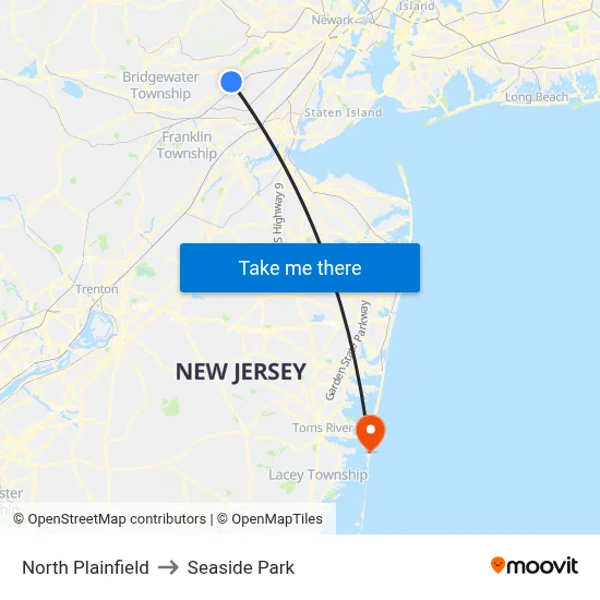 North Plainfield to Seaside Park map